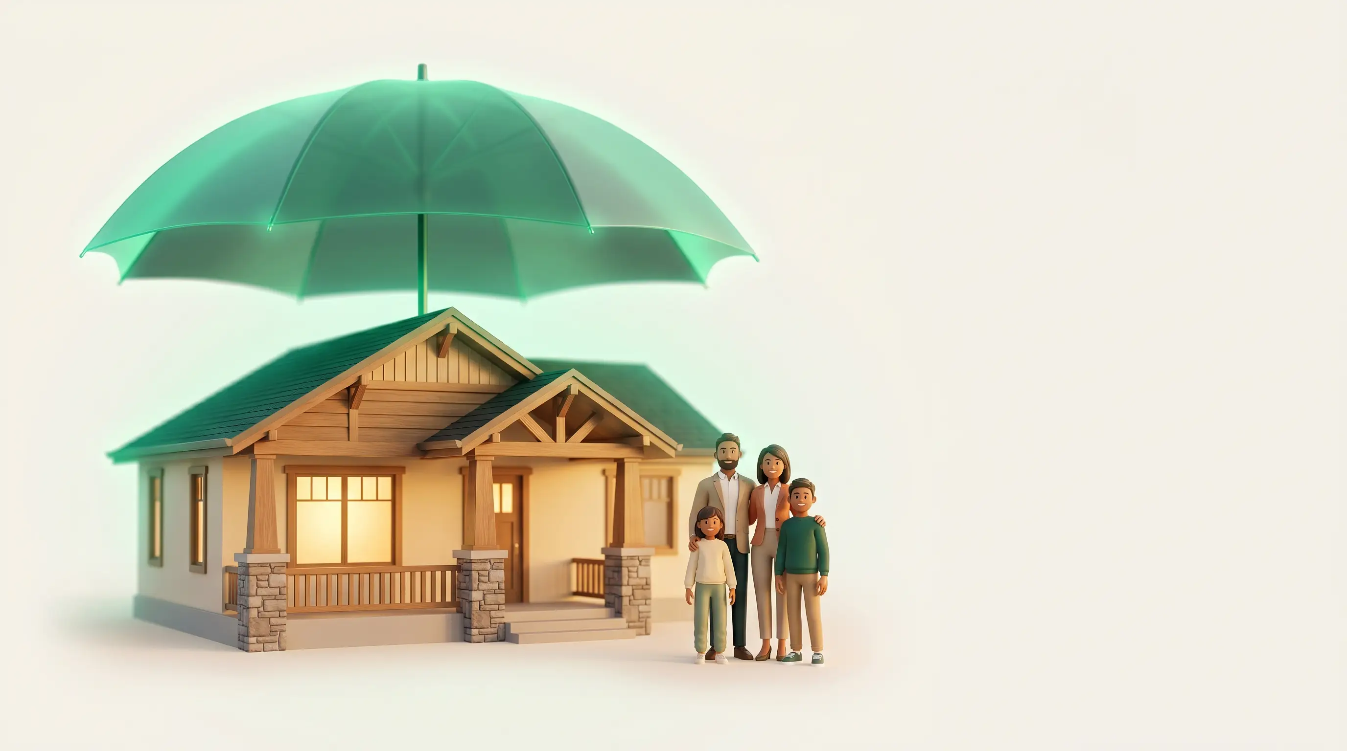 A modern family home under a brand-green protective umbrella canopy, two adults and two children standing alongside.